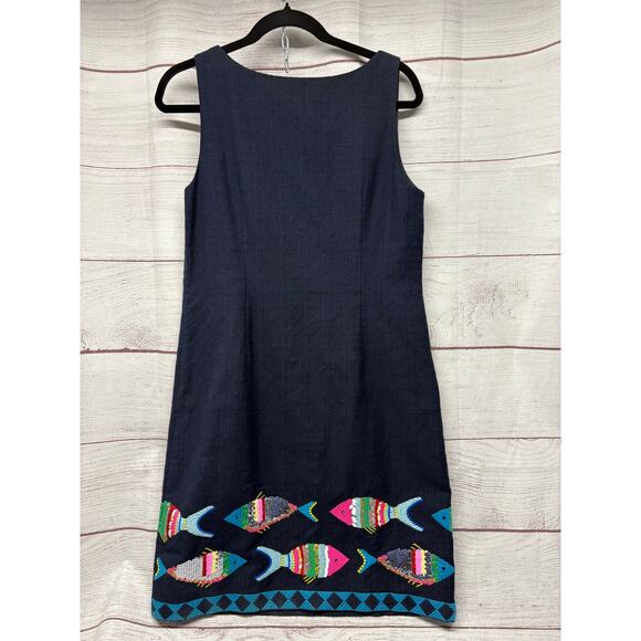 Talbots Petite Navy Twill Sequin Fish Embroidered Sheath Dress size 8 - Picture 8 of 9